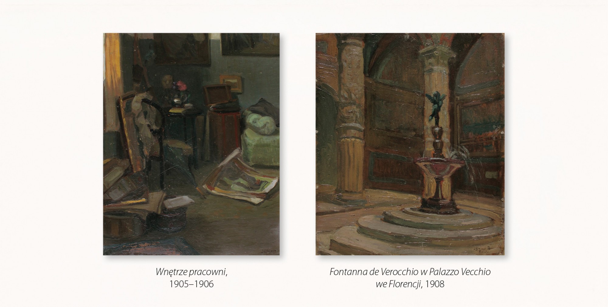 1. przedstawia wnętrze pomieszczenia z rozłożonymi na podłodze i wiszącymi na ścianie obrazami i szkicami. 2. przedstawia fragment dziedzińca pałacu, na pierwszym planie fontanna z figurą amorka